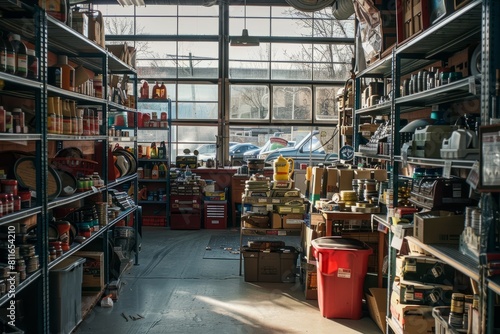A commercial photo showing an auto parts store filled with shelves packed with various items