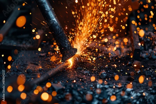 A welder uses a cutting tool on a piece of metal, producing bright sparks in a workshop setting photo