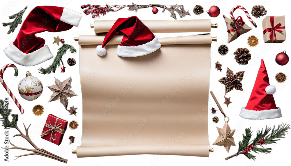 hat scroll santa christmas witch blank background design isolated white page paper retro wish list banner december decoration empty gift holiday letter manuscript message old parchment red rustic