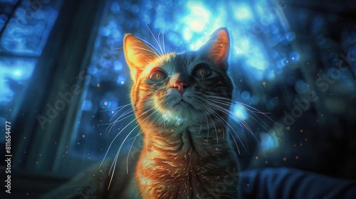 Bring a photorealistic digital touch to a low-angle view of a charming cat in a cozy setting Enhance the fine details of the cats whiskers and fur