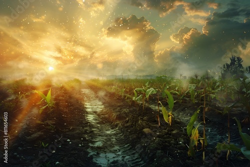 Breathtaking Sunset Over Lush Farmland Landscape with Vibrant Crops and Dramatic Skies
