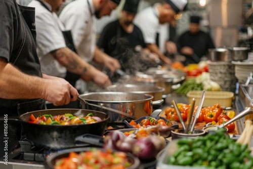 A group of chefs chopping vegetables, stirring pots, and following instructions in a cooking class