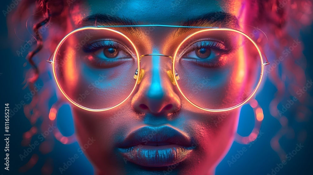 Captivating Neon-Infused Facial Portrait with Vibrant Hues and Striking Gaze