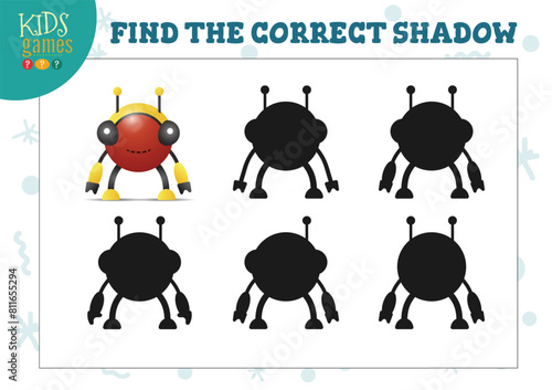 Find the correct shadow for cute cartoon robot educational preschool kids mini game. Vector illustration with 5 silhouettes for shadow matching quiz © kora_ra_123