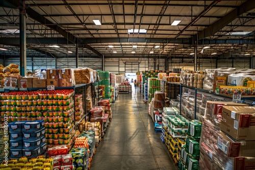 A large warehouse packed with assorted food products under natural light