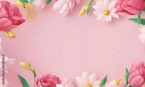 3D render happy Mother's Day banner with copy space. Celebrating Mother's Day with, heart and flowers DESIGN. 