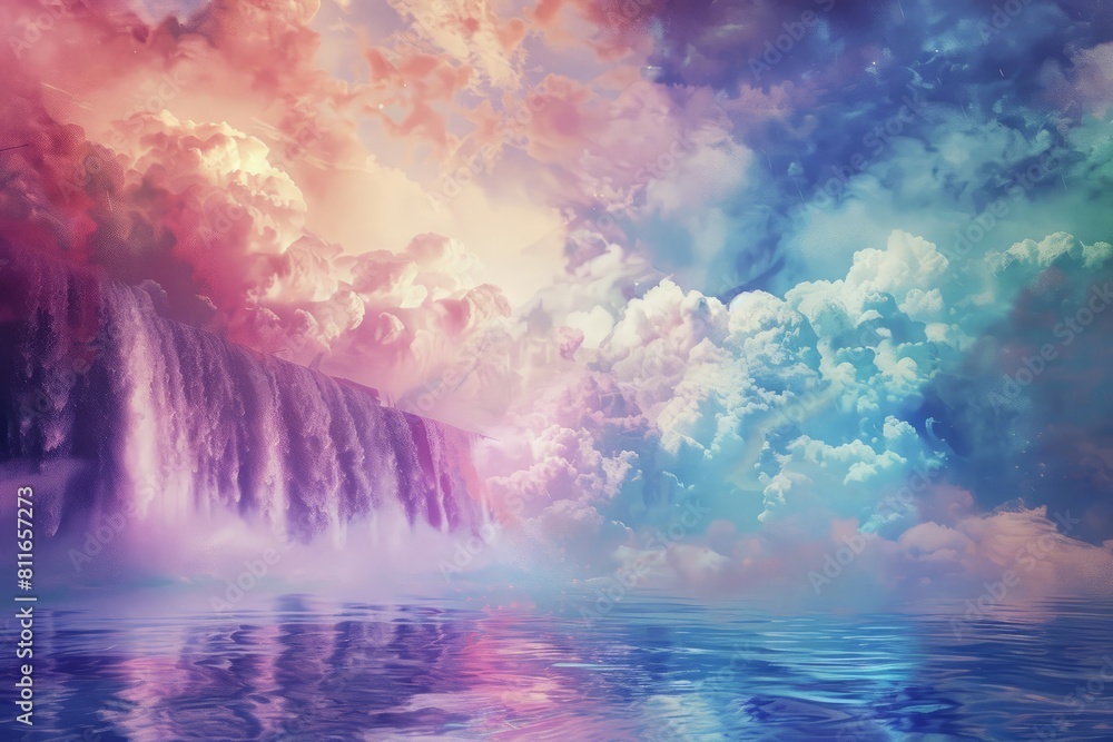 A waterfall cascades in the middle of a body of water, surrounded by colorful clouds and vibrant water