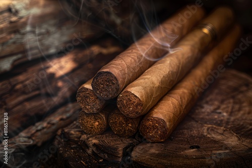 A closeup view of a pile of cigars neatly arranged on a wooden table against a dark background
