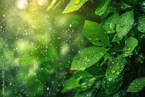 Closeup of raindrops falling on vibrant green leaves, capturing the intricate details during a refreshing spring shower