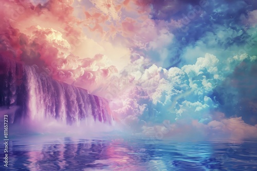 A waterfall cascades in the middle of a body of water  surrounded by colorful clouds and vibrant water