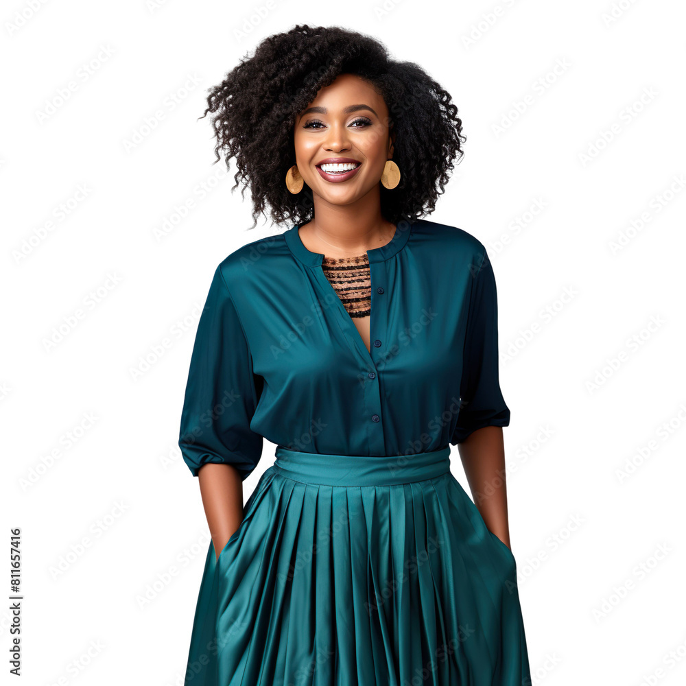 Front view mid shot of a beautiful African woman dressed in a deep teal blouse and pleated midi skirt, smiling, isolated on a white transparent background Front view mid shot of a beautiful African woman dressed in a deep teal blouse and pleated midi skirt, smiling, isolated on a white transparent background