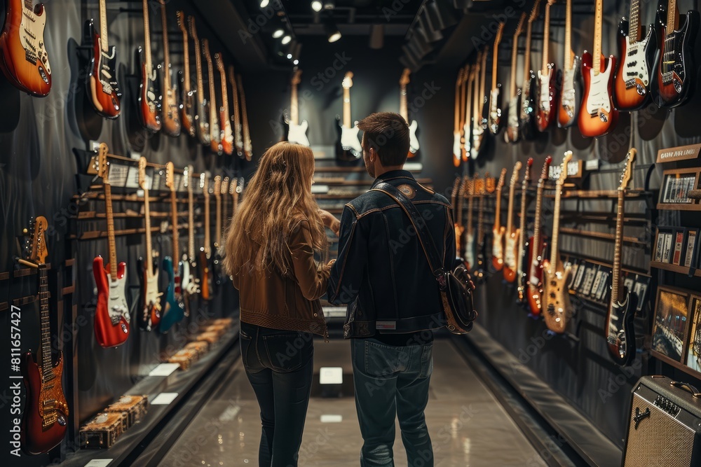 A man and a woman are seen inspecting various guitars on display at an interactive music museum