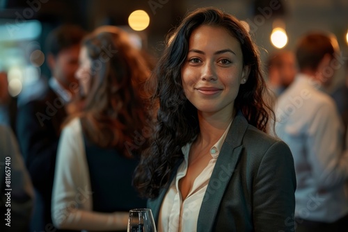 A woman confidently holds a glass of wine in a room filled with people