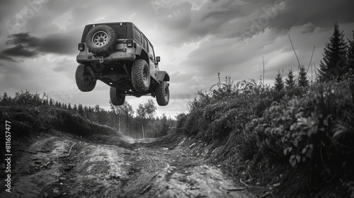 A jeep is flying through the air over a dirt road