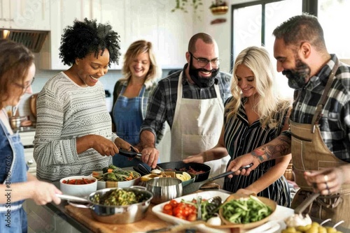 A group of diverse individuals working together in a busy kitchen, preparing various dishes