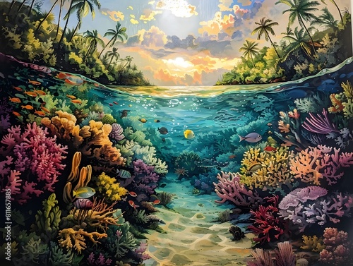 Enchanting Underwater Coral Reef Landscape with Tropical Sunset Glow