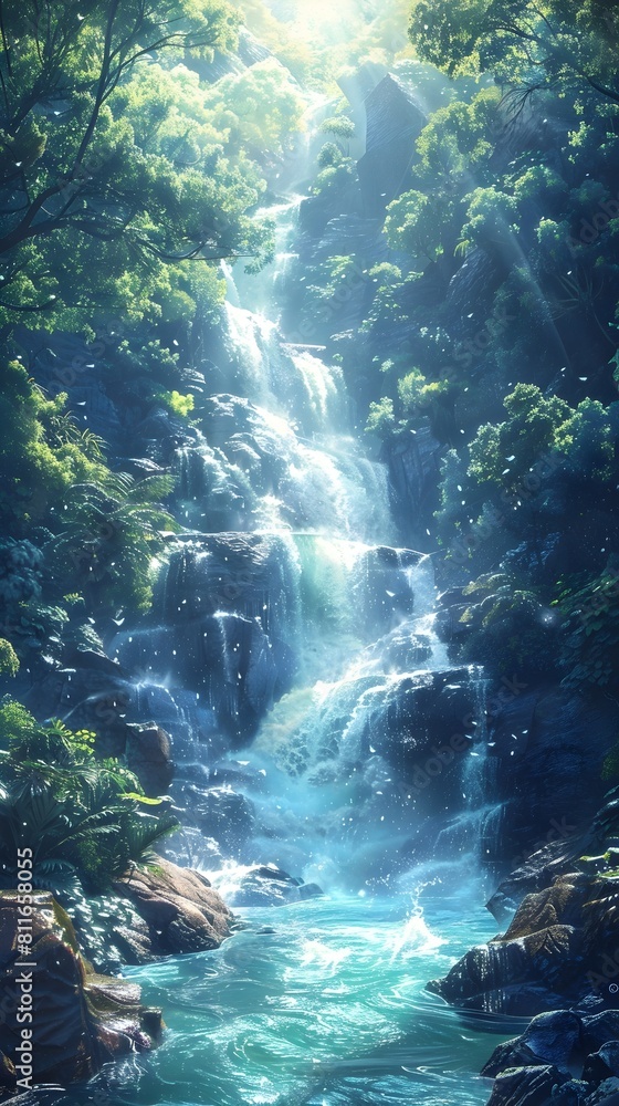 Enchanting Waterfall Cascading Through Lush Tropical Jungle Landscape Enchanting Waterfall Cascading Through Lush Tropical Jungle Landscape