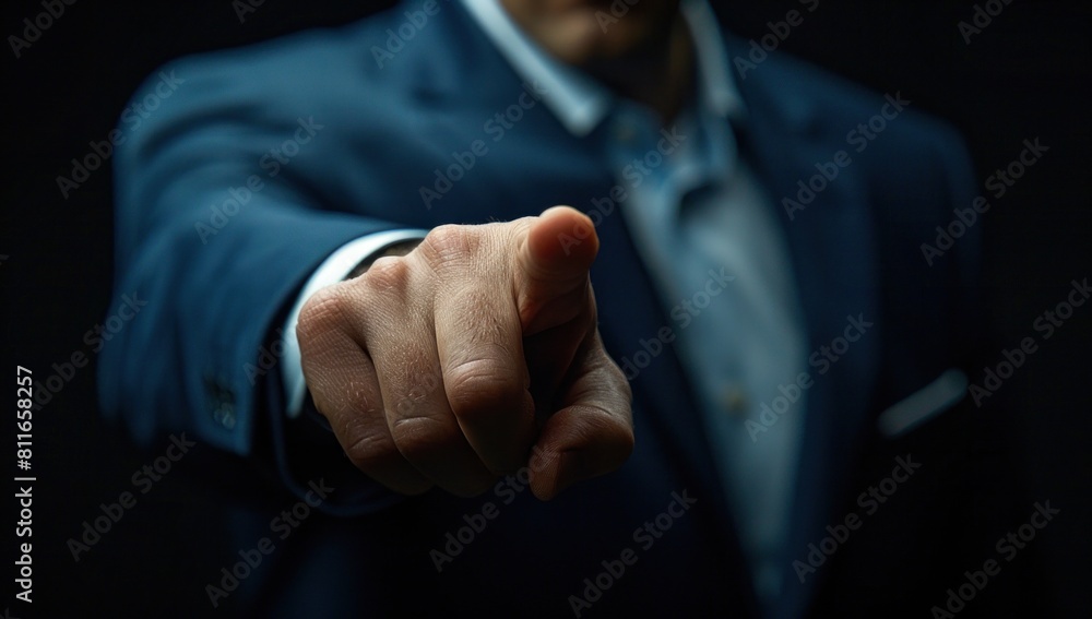 Fototapeta premium Against a backdrop of understated elegance, the businessman's hand reaches out to press the 'confirm' button, signaling a moment of triumph in the corporate arena.