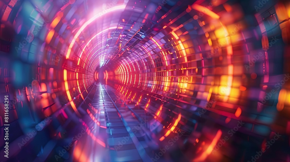 Abstract image of glowing neon lights in a circular tunnel.