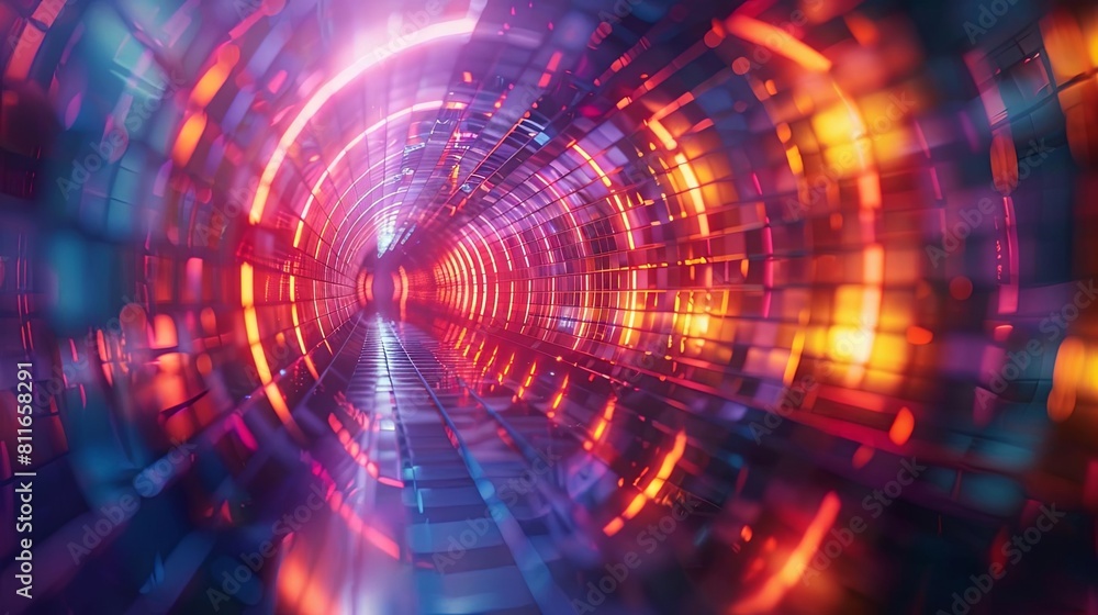 Obraz premium Abstract image of glowing neon lights in a circular tunnel.