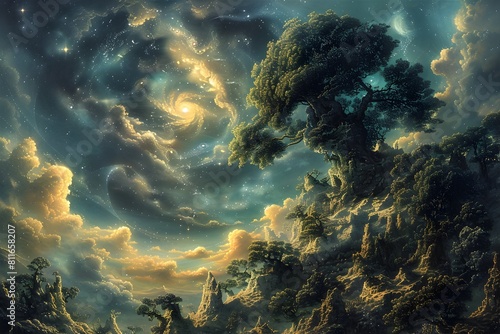 Ethereal and Majestic Fantastical Landscape with Towering Tree and Dramatic Cloudy Sky