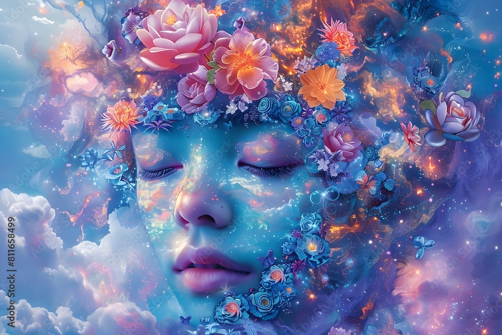 Ethereal Floral Portrait of Dreaming Feminine Spirit in Mystical Clouds Ethereal Floral Portrait of Dreaming Feminine Spirit in Mystical Clouds