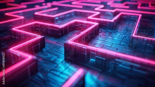 3D illustration of a glowing pink neon maze.