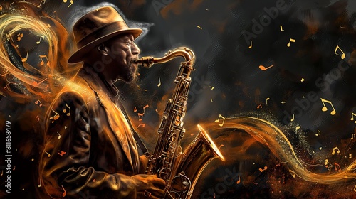 Man playing a saxophone with notes flying out of it the theme of World Music Day