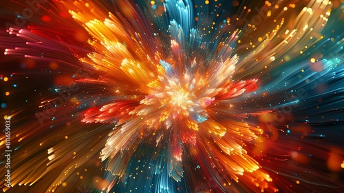 Abstract render of colorful explosion with bright glowing particles.