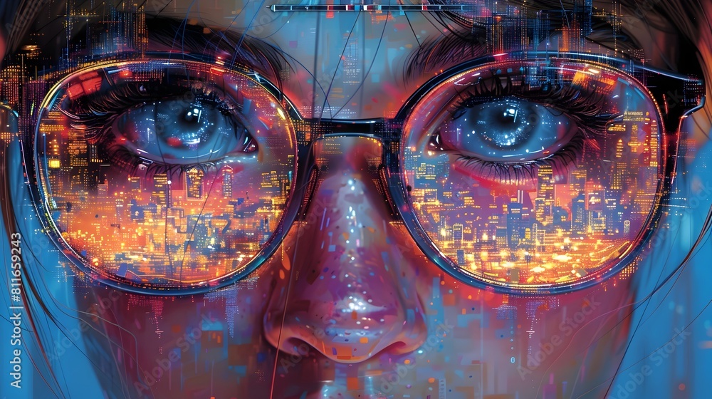 Futuristic Digital Vision of a Colorful Illuminated Cityscape Reflected in Vibrant Glasses