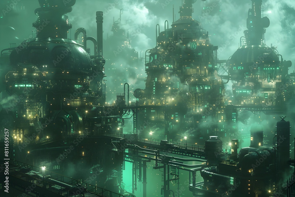 Futuristic Dystopian Industrial Cityscape with Glowing Neon Towers and Foggy Atmosphere Futuristic Dystopian Industrial Cityscape with Glowing Neon Towers and Foggy Atmosphere