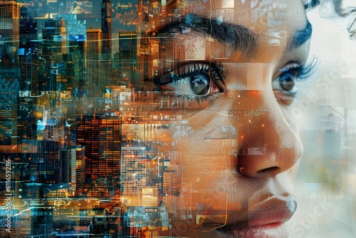 Futuristic Digital Portrait of Thoughtful Introspective Gaze in Vibrant Cyberpunk-Inspired Visualization photo
