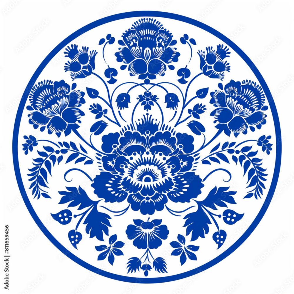 
Illustration of traditional Polish folk ornament in a circle, blue on a white background, in the vector style, flat design, of traditional polish ornament, of flowers and leaves.