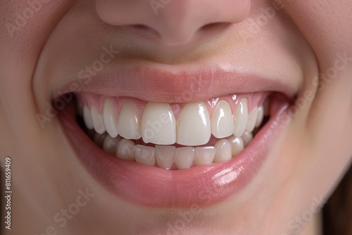 A detailed view of a womans smile showcasing her white teeth