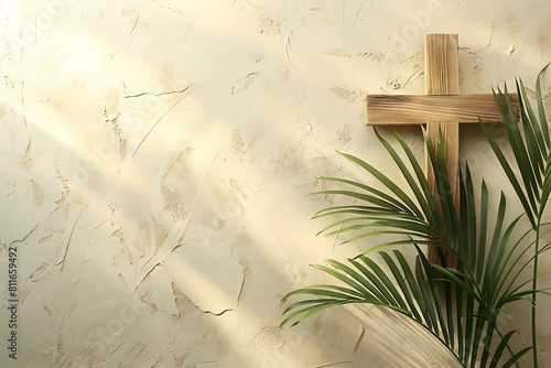 Palm Sunday background Wooden cross and palm leaves on neutral background with copy space for text. Christianity, faith, religious, Holy Week concept photo