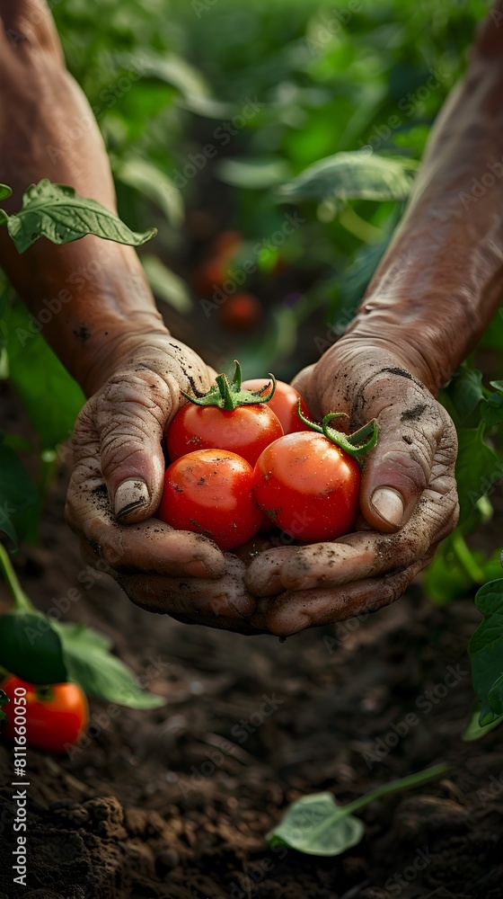 Fototapeta premium Hands Holding Fresh Ripe Tomatoes in Organic Garden,Healthy Homegrown Vegetable Harvest from Sustainable Farming