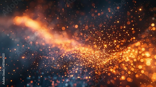 Abstract glowing orange particles wave on dark blue background.