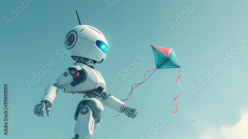 Robot flying a colorful kite against a clear blue sky, symbolizing fun and technology.