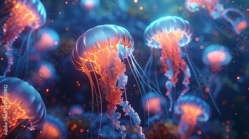 Glowing jellyfish in the dark ocean.