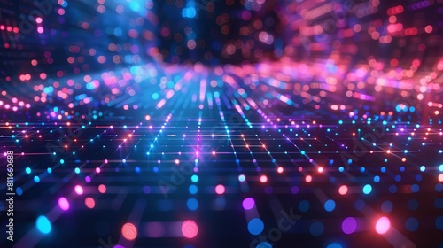 Abstract glowing futuristic background. Grid of bright colorful dots and lines.
