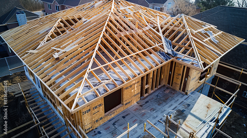 Close-up view of new roof construction in progress