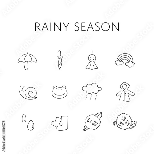 手描きのシンプルな梅雨のイラストセット