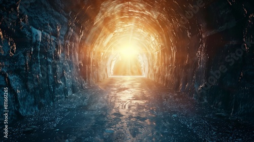 Cave tunnel with bright light at the end