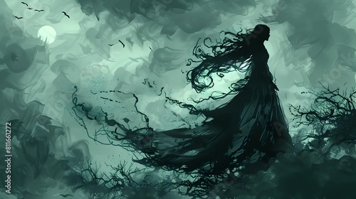 Mysterious Ethereal Sorceress Summoning Otherworldly Powers in Dark Fantasy Landscape