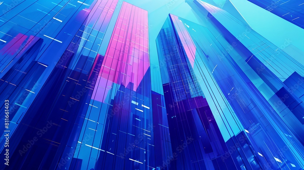 Striking skyscraper segment in blue light, showcasing elegant architecture and reflections. Striking skyscraper segment in blue light, showcasing elegant architecture and reflections.