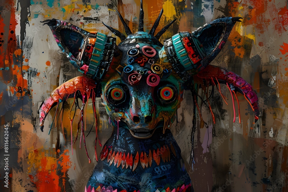 Fototapeta premium Vibrant and Bizarre Creature Mask with Eclectic Digital Collage Art Elements