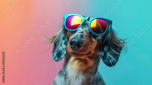 A dachshund wearing sunglasses on a colorful background. photo
