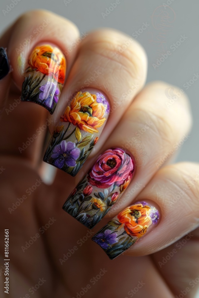 A woman holding up her nails with colorful flowers. A woman holding up her nails with colorful flowers.