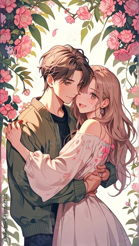 Cute anime couple hugging each other with colorful flowers around, love relationship, holding each other posing for photo, illustration manga