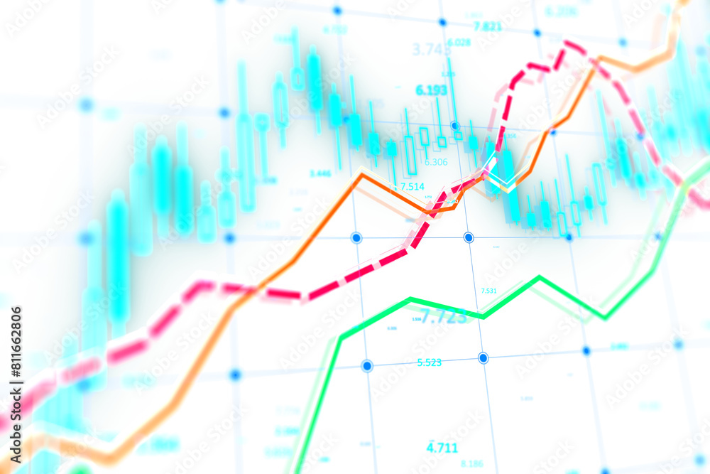 Obraz premium A blurred image showing colorful financial stock market charts on a light background, representing data analysis